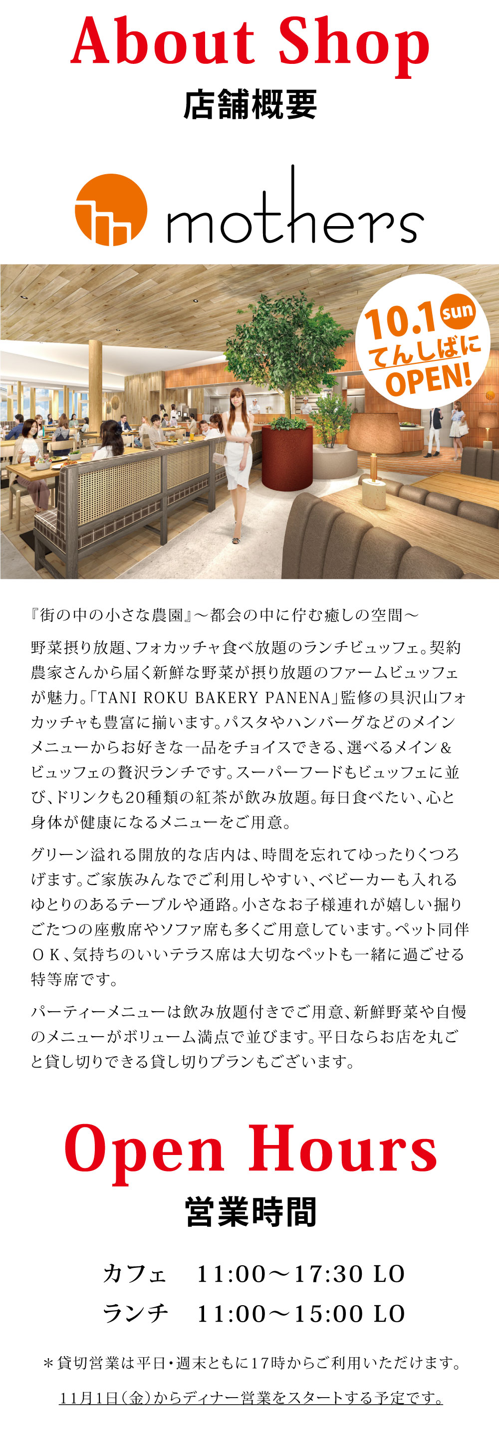 About Shop 店舗概要 『街の中の小さな農園』～都会の中に佇む癒しの空間～野菜摂り放題、フォカッチャ食べ放題のランチビュッフェ。契約農家さんから届く新鮮な野菜が摂り放題のファームビュッフェが魅力。
